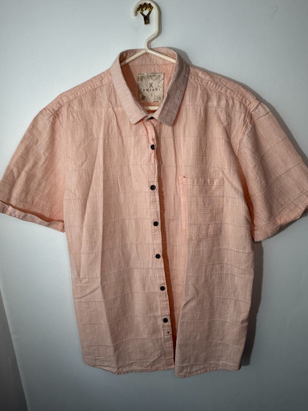 AMIANI Men’s Large Short Sleeve Button Up Shirt Peach Lightweight Casual